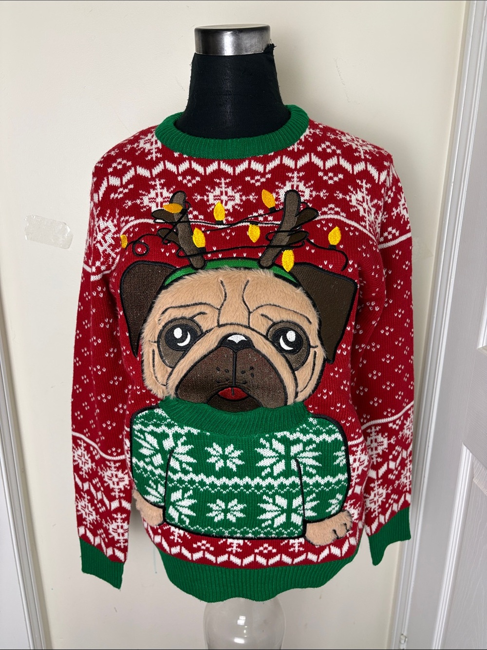 Vintage Red Pug Holiday Crewneck Sweater with Green Accents